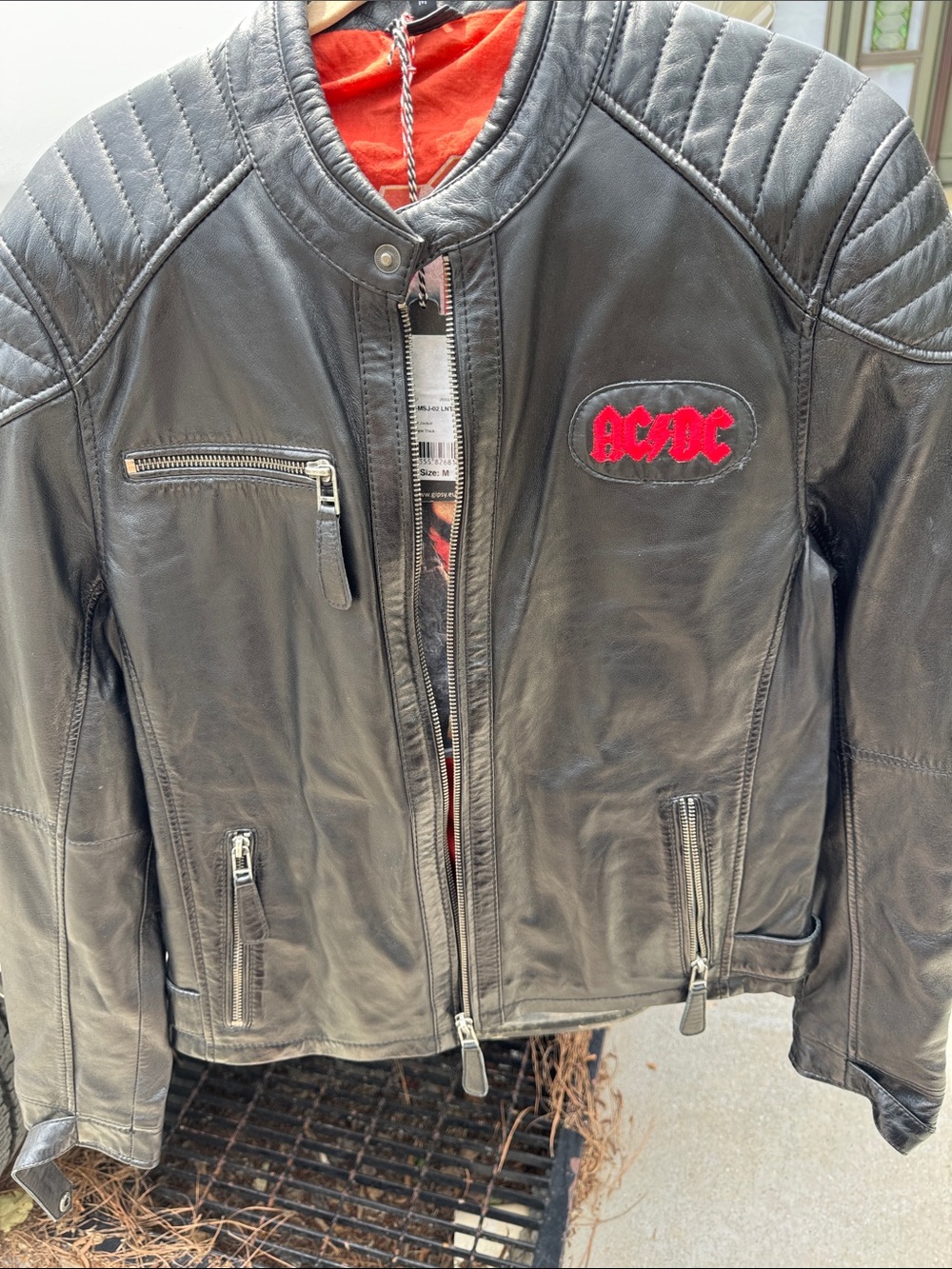 AC/DC Black Leather Jacket with Red Logo Patch
